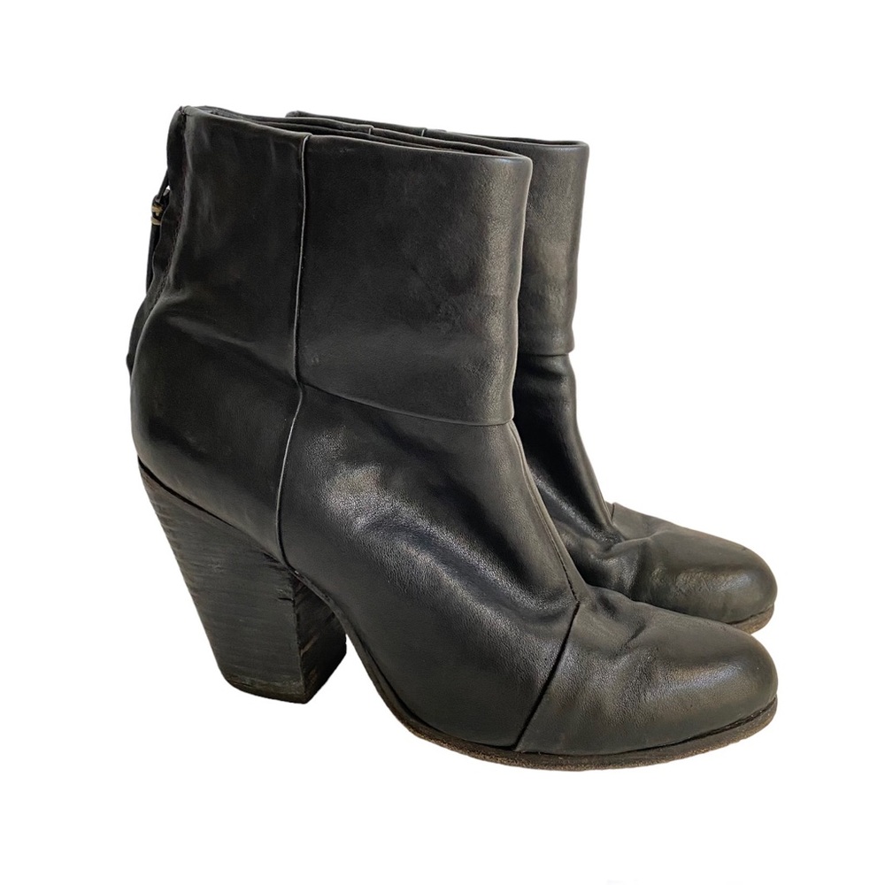 Rag & Bone Black Leather Ankle Booties Stacked Heel Boots Womens 37